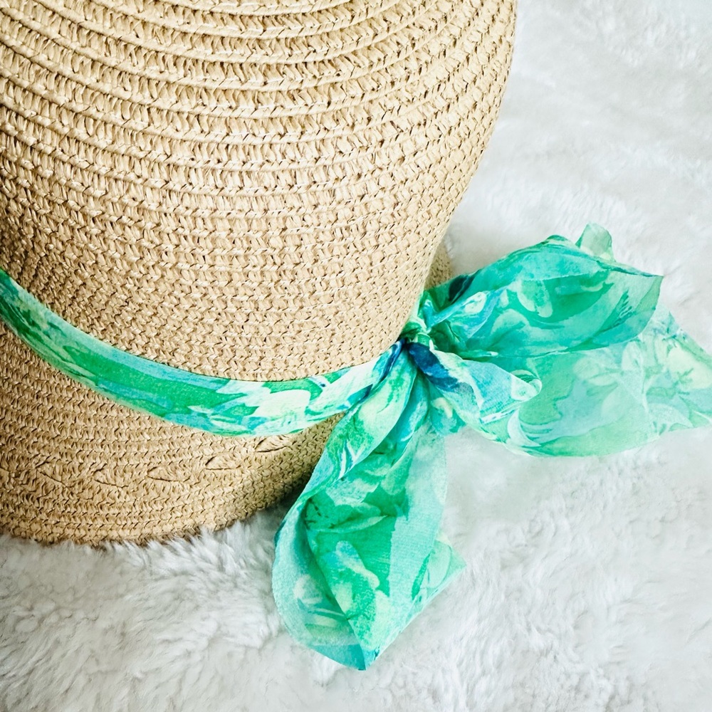 Straw Hat with Scarf Trim - Picture 7 of 8